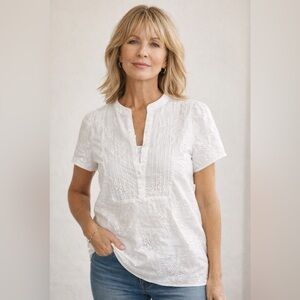 Coupe’, White Eyelet Tunic Top, Floral Eyelet Lace, Embroidered Blouse,Size Lg